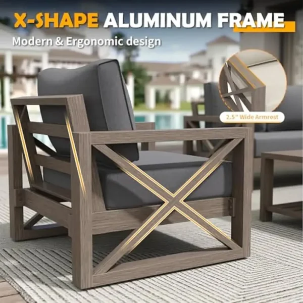 Outdoor Aluminum Patio Furniture Set 8 Pieces Modern Metal Sofa Sets Waterproof Covers Cushioned Armchairs Dark Grey Wood Grain