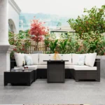 8-Piece Rattan Outdoor Furniture Set with 28" Gas Fire Pit, Outdoor Seating , Patio Conversation Set Wicker Sectional Sofa