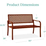 Outdoor Bench 2-Person Metal Steel Benches Furniture for Garden, Patio, Porch, Entryway w/Geometric Backrest