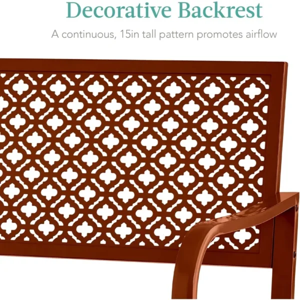 Outdoor Bench 2-Person Metal Steel Benches Furniture for Garden, Patio, Porch, Entryway w/Geometric Backrest