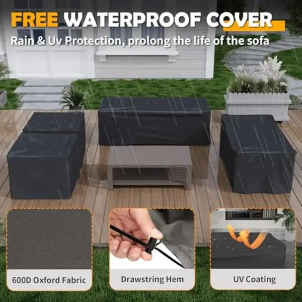 Outdoor Aluminum Patio Furniture Set 8 Pieces Modern Metal Sofa Sets Waterproof Covers Cushioned Armchairs Dark Grey Wood Grain