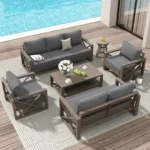 Outdoor Aluminum Patio Furniture Set 8 Pieces Modern Metal Sofa Sets Waterproof Covers Cushioned Armchairs Dark Grey Wood Grain