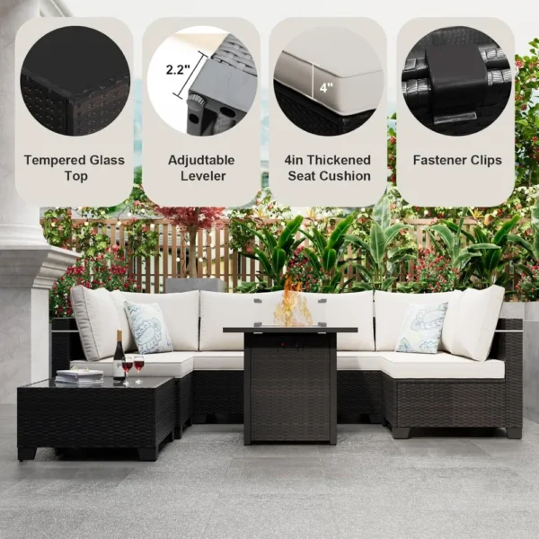 8-Piece Rattan Outdoor Furniture Set with 28" Gas Fire Pit, Outdoor Seating , Patio Conversation Set Wicker Sectional Sofa