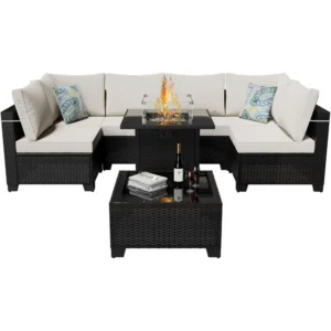 8-Piece Rattan Outdoor Furniture Set with 28" Gas Fire Pit, Outdoor Seating , Patio Conversation Set Wicker Sectional Sofa