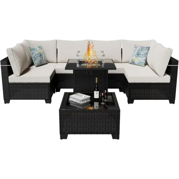 8-Piece Rattan Outdoor Furniture Set with 28" Gas Fire Pit, Outdoor Seating , Patio Conversation Set Wicker Sectional Sofa
