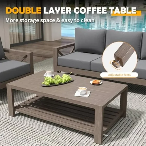 Outdoor Aluminum Patio Furniture Set 8 Pieces Modern Metal Sofa Sets Waterproof Covers Cushioned Armchairs Dark Grey Wood Grain
