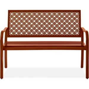 Outdoor Bench 2-Person Metal Steel Benches Furniture for Garden, Patio, Porch, Entryway w/Geometric Backrest