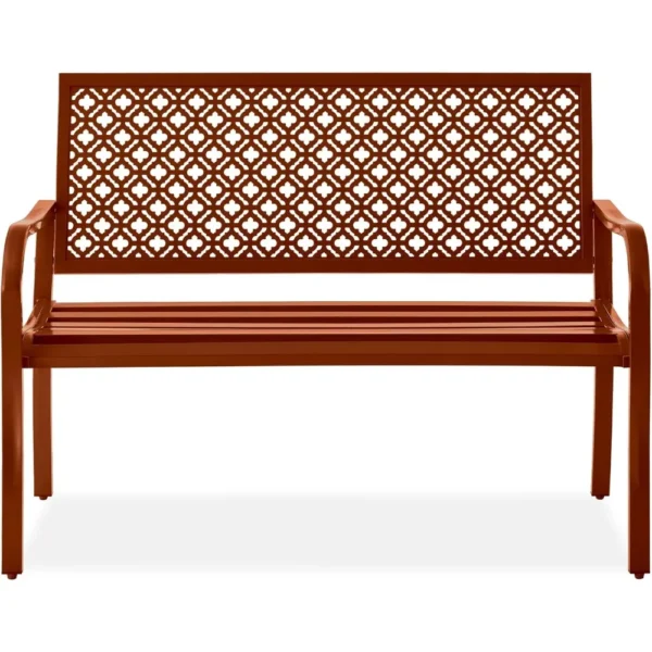 Outdoor Bench 2-Person Metal Steel Benches Furniture for Garden, Patio, Porch, Entryway w/Geometric Backrest